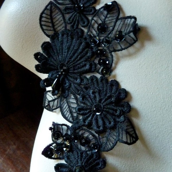 Beaded Lace Applique in Black Venise Lace for Headbands, Bridal, Costume Design, Tribal Fusion, Bellydance CA 300