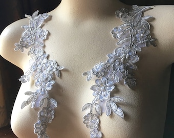 Silver Lace APPLIQUES Beaded Pair Lace for Lyrical Dance, Bridal, Headbands, Sashes, Costume Design PR 43 sil