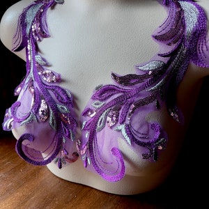 PURPLE Beaded Applique PAIR for Lyrical Dance, Ballet, Skating Costumes Couture Gowns F170