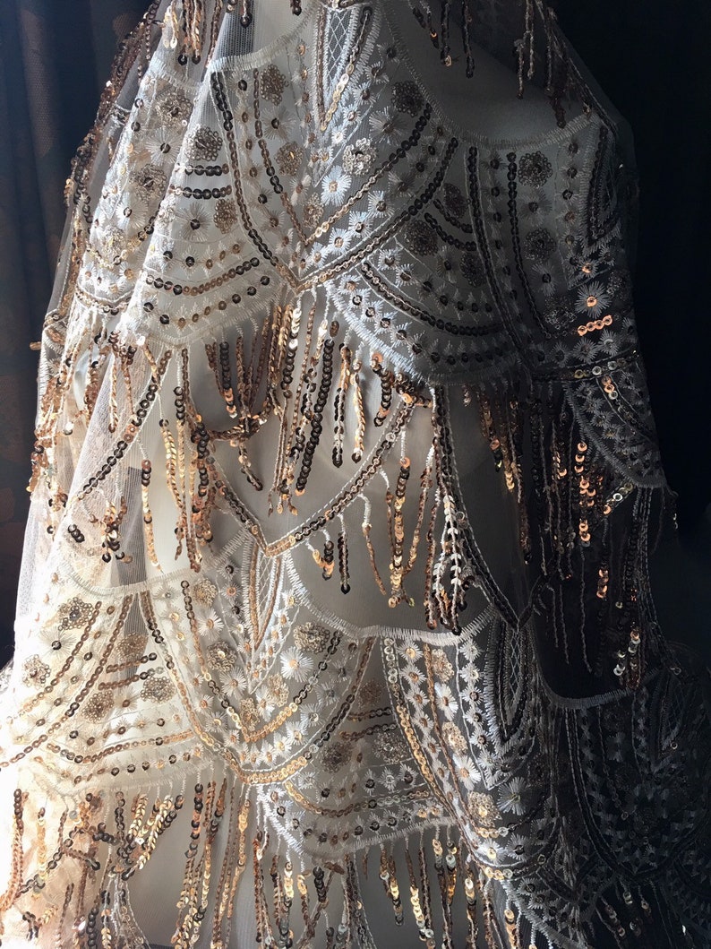 Homecoming Gold Beaded Lace Fabric Fringed for Illusion Gowns Costumes Flapper Dresses Garments