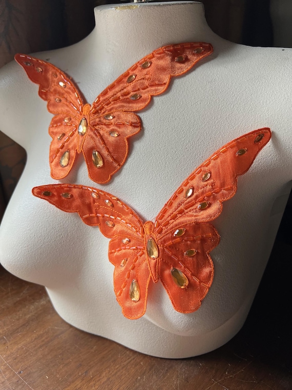 2 ORANGE BUTTERFLY Appliques  Beaded Brocade for Costumes, Garments IRON 105