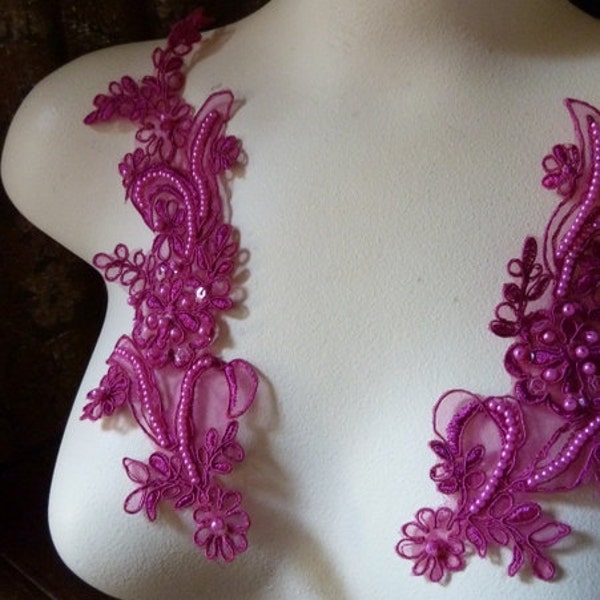 Fuchsia Pink Beaded Applique Lace Pair for Lyrical Dance, Ballroom Dance, Costumes, Bridesmaids, Headbands, Sashes PR 114 fp