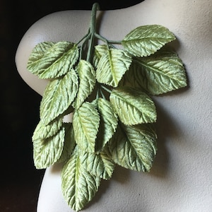 Op de afbeelding: Een tros lichtgroene fluwelen bladeren op een witte mannequinbuste. De bladeren zijn in een watervalvorm gerangschikt, wat een delicate en elegante uitstraling creëert.