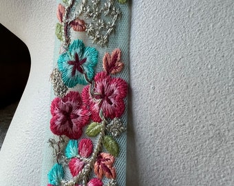 Turquoise & Pink Sari Trim Embroidered for Garments, Costume Design, Crafts, Junk Journals TR 308