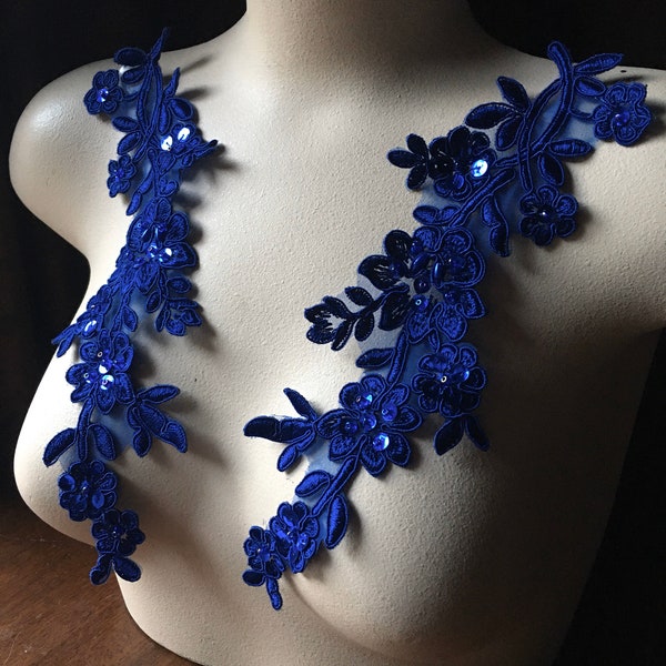 SAPPHIRE ROYAL Blue Beaded Applique Pair Lace for Lyrical Dance, Bridal, Headbands, Sashes, Costume Design PR 43 sb