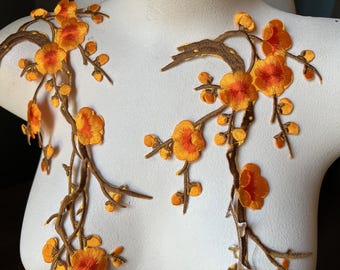 2 pcs. Orange Cherry Blossom Appliques: Iron On Costume Embellishments 16.5" IRON long