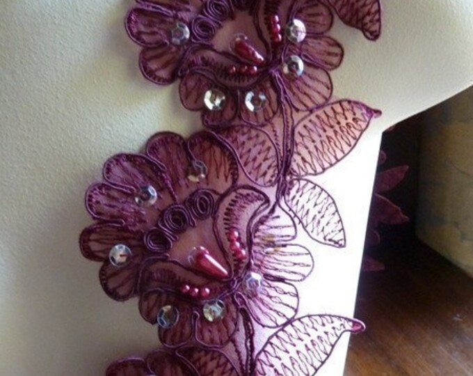 SALE Beaded Lace Applique 5 Flowers Trim in Burgundy Plum for Altered