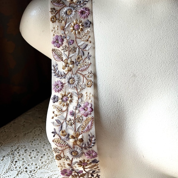 PURPLE Beaded Sari Trim Embroidered for Garments, Costume Design, Crafts, Junk Journals TR 350