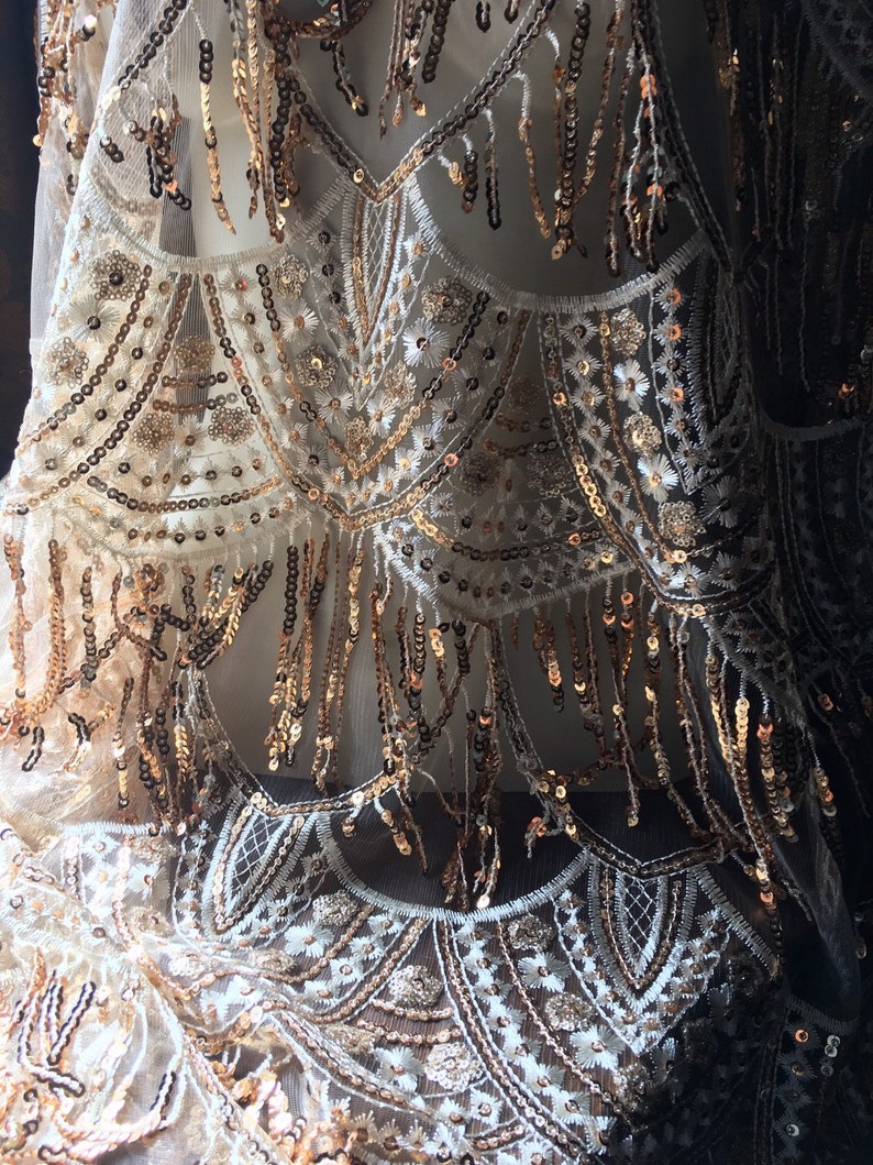 Homecoming Gold Beaded Lace Fabric Fringed for Illusion Gowns Costumes Flapper Dresses Garments