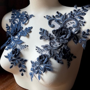 Navy Blue 3D Lace Applique Pair, Floral, Bridal Embellishment F151,same side