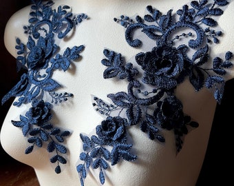 NAVY BLUE 3d Lace Applique PAIR for Lyrical or Ballet Costumes, Garments, Bridal F151