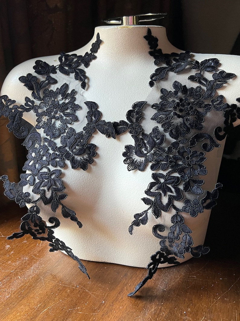 May include: Black lace applique with floral designs. The lace is delicate and intricate, with a soft, flowing texture. It is perfect for adding a touch of elegance to any project.