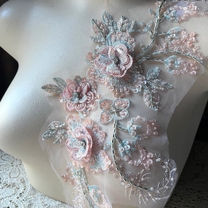 PINK & BLUE 3D  Applique Beaded with Rhinestones for Lyrical Dance, Ballet, Couture Gowns F187-2