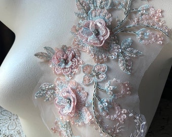 PINK & BLUE 3D  Applique Beaded with Rhinestones for Lyrical Dance, Ballet, Couture Gowns F187-2