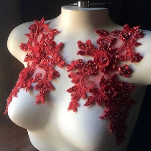 RED Applique PAIR Beaded Alencon Lace for Lyrical Dance, Ballet, Couture Gowns F105