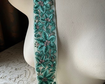 Aqua & Taupe  Sari Trim Embroidered Net for Garments, Costume Design, Crafts, Junk Journals TR 298