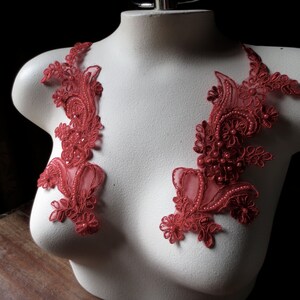 RED Beaded Applique Lace Pair for Lyrical Dance, Ballroom Dance, Costumes,  Headbands, Sashes PR 114 red