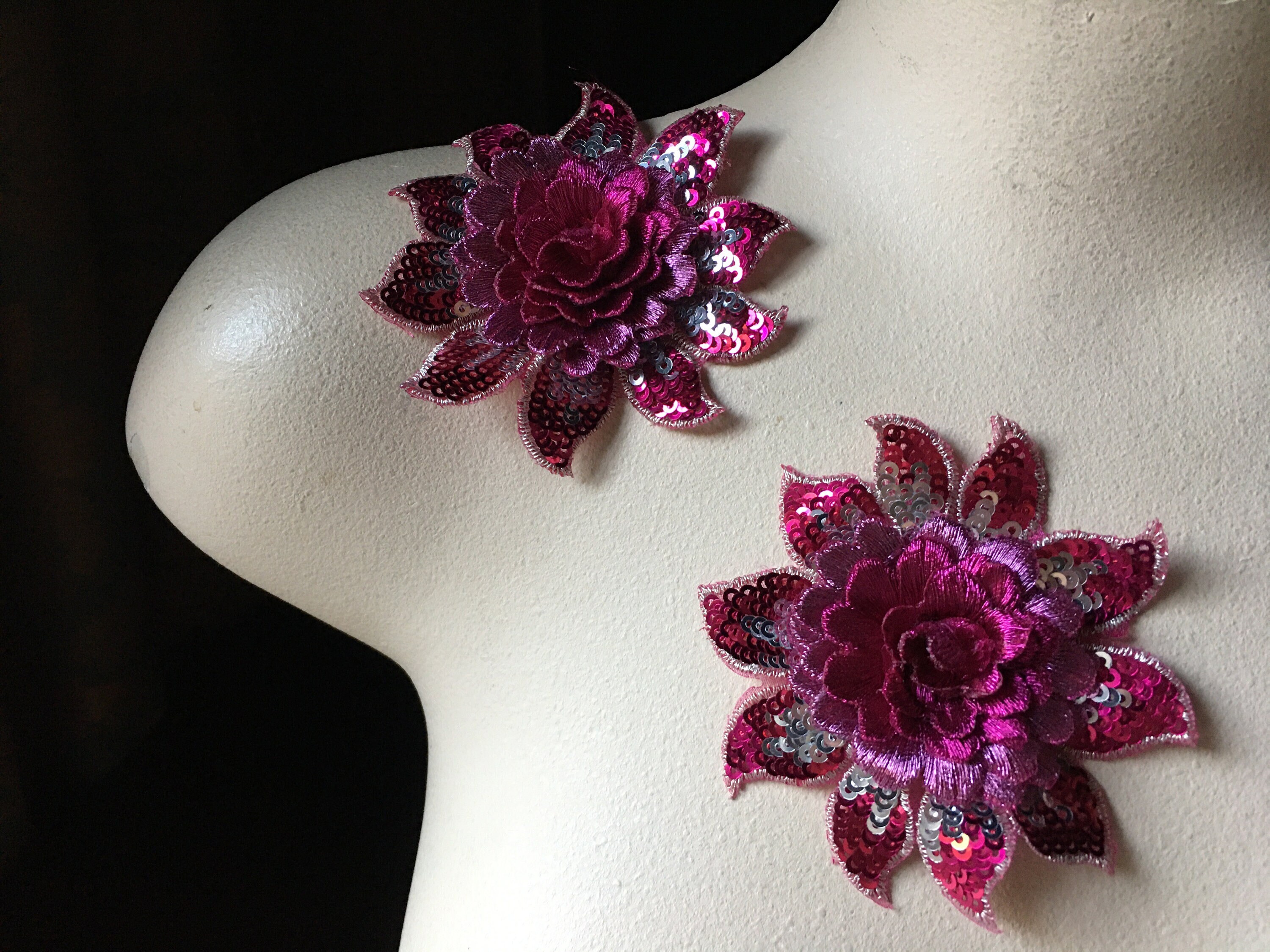 Fuchisa/Lt Pink 3D Flower Embroidered Applique/Trim