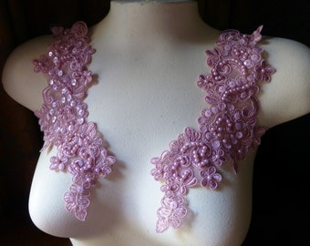 ROSE Pink Beaded Lace Applique PAIR for Lyrical Dance, Bridal, Headbands, Costume Design PR 612 rose