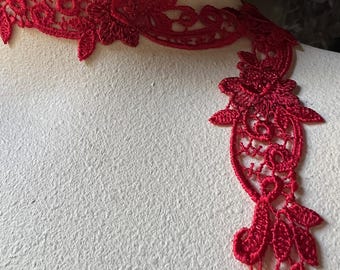 2 Yards Red Metallic Venise Lace Trim: Narrow Floral Appliqué CL 6102