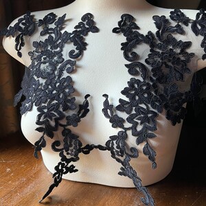 May include: Two black lace appliques with floral designs, perfect for adding a touch of elegance to any garment.