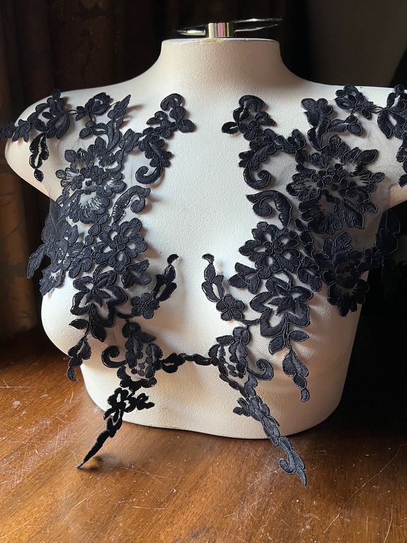 May include: Two black lace appliques with floral designs, perfect for adding a touch of elegance to any garment.