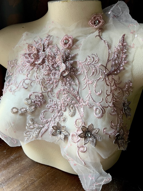 Rose Pink 3D Floral Applique: Beaded Lace for Couture Gowns (14.5" x 10.5")