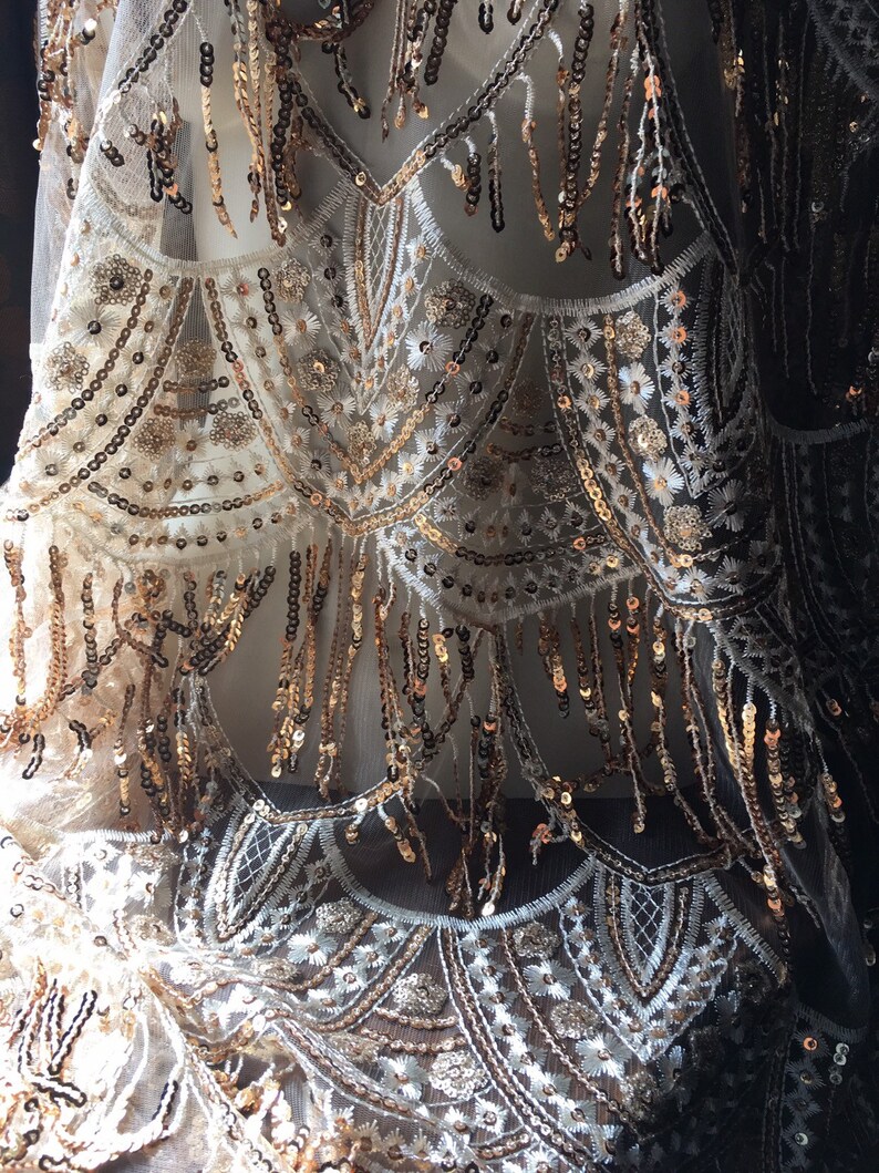 Homecoming Gold Beaded Lace Fabric Fringed for Illusion Gowns Costumes Flapper Dresses Garments