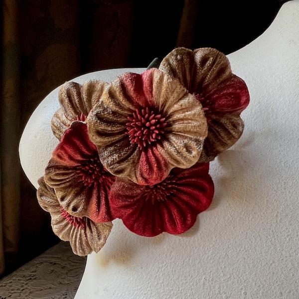 Brick Red & Mocha Millinery Flower Velvet Yoyos  for Bridal, Boutonnieres, Fascinators, Floral Supply MF 96