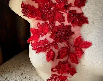 RED 3D Applique Beaded Lace #1 for Lyrical Dance, Ballet, Ballroom, Couture Gowns F208-1