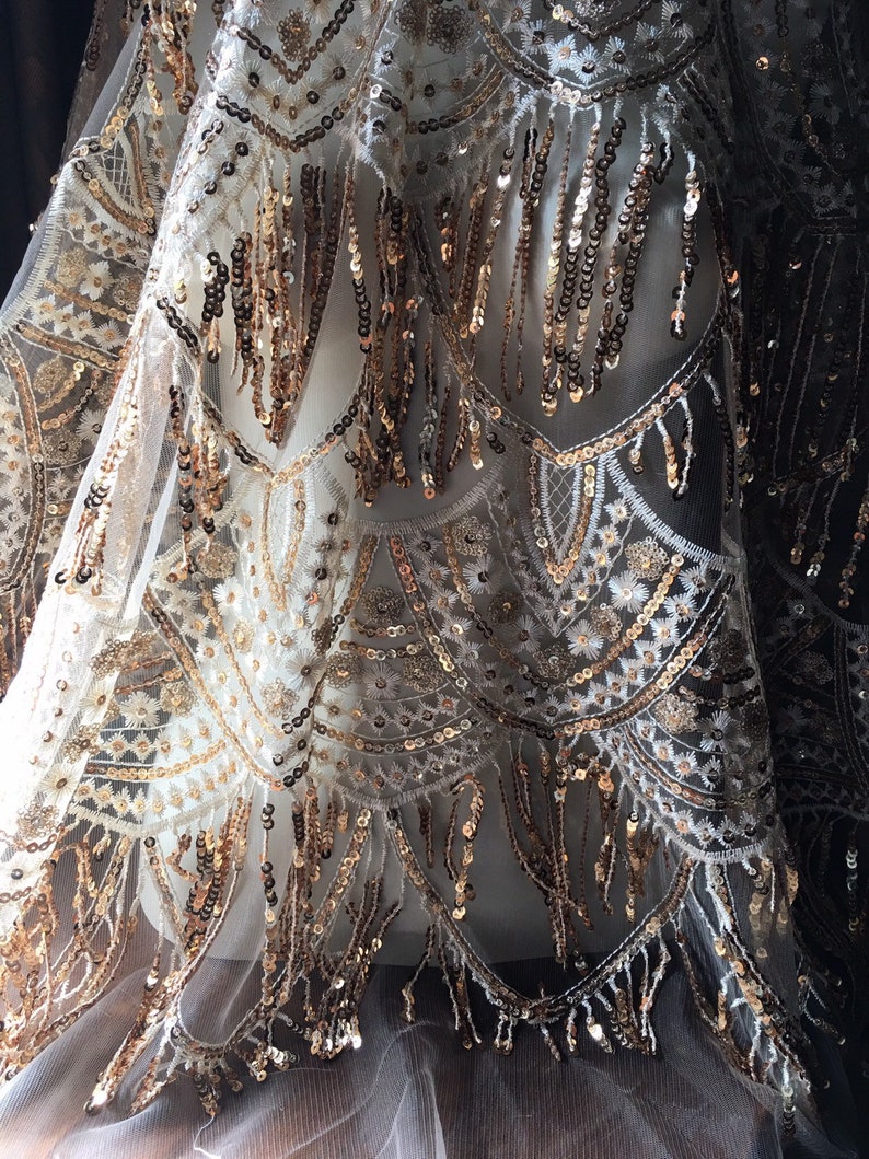 Homecoming Gold Beaded Lace Fabric Fringed for Illusion Gowns Costumes Flapper Dresses Garments