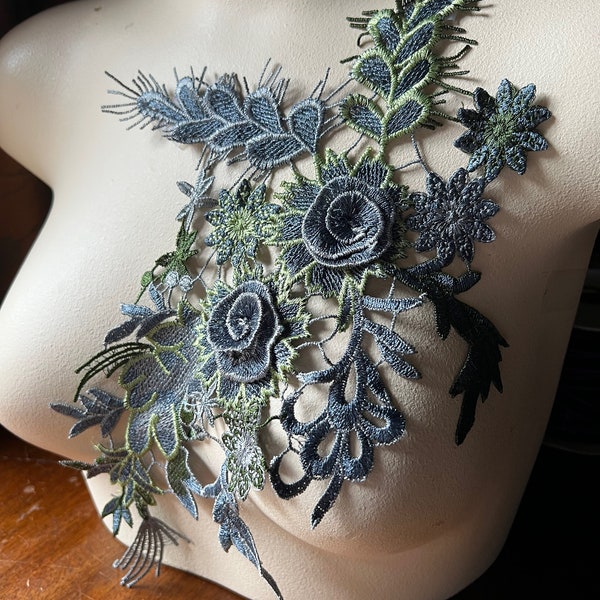 STEEL BLUE, Gray  & Green 3D Applique 3D Lace Rose for Lyrical Dance, Garments, Costume Design CA 907 bg