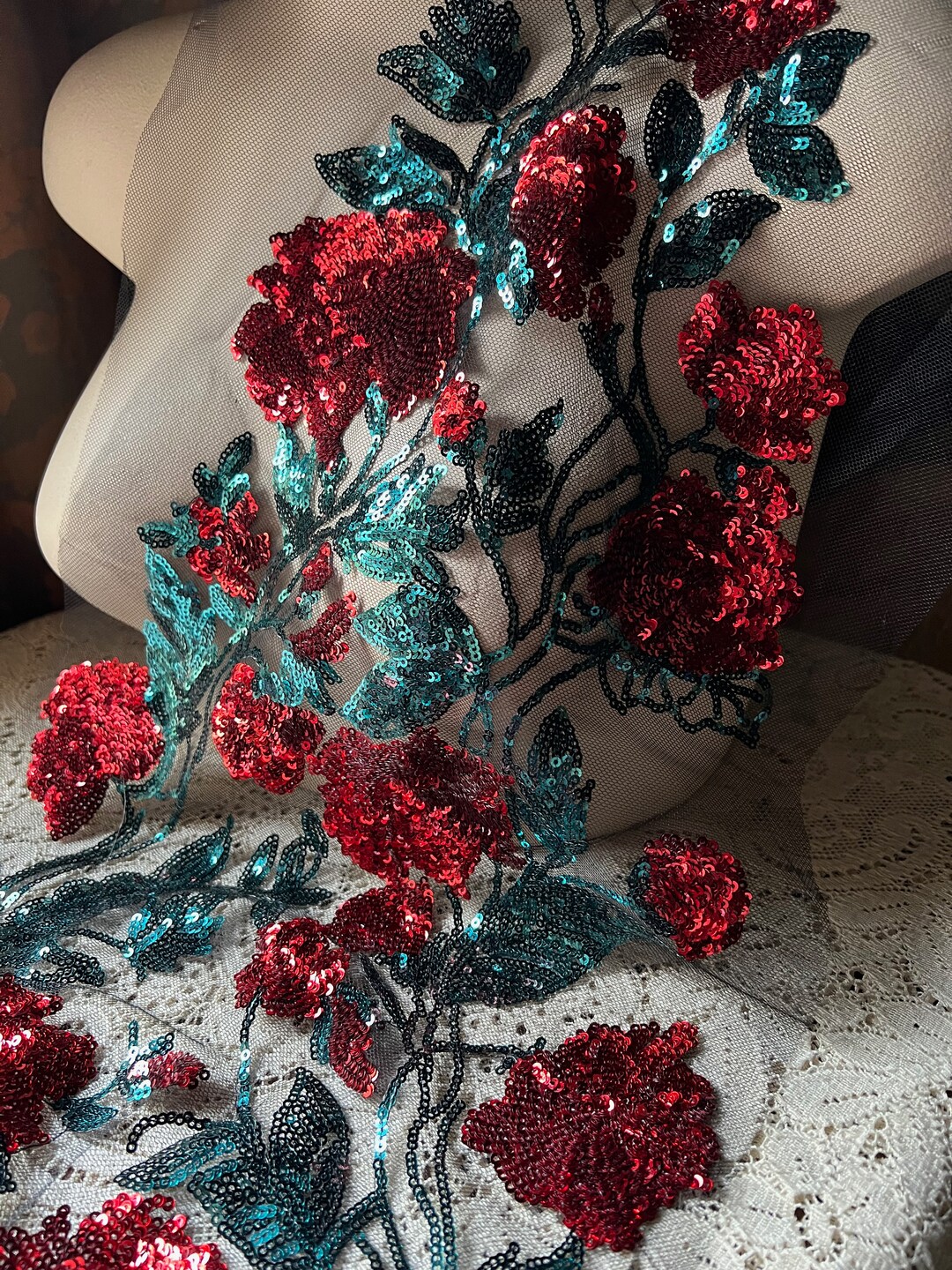 Red Rose Sequin Lace Applique: Black Net Rose Panel for Gowns - Etsy