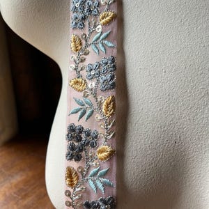 Embroidered Hydrangea Sari Trim: Blue, Gold, Mauve Beaded Net TR 449 bluegold