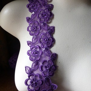 Violet Purple Beaded Lace Trim with Faux Pearls for Bridal, Garter Trim, Appliques, Veils, Costumes BL 4001 vp