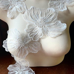 May include: White floral lace trim with delicate embroidered flowers. The lace is shown on a white mannequin form.