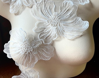 May include: White floral lace trim with delicate embroidered flowers. The lace is shown on a white mannequin form.
