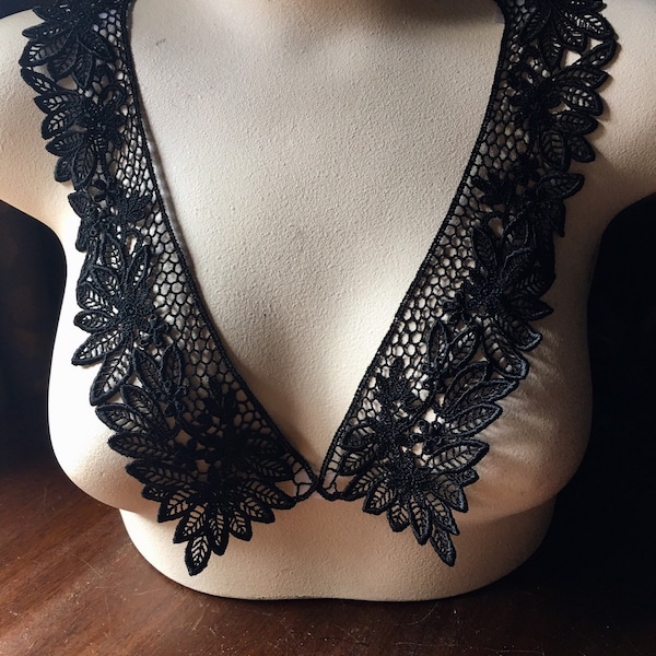 BLACK Lace Collar RBG Applique Pair for Collars, Lace Jewelry, Costume Design PR 348