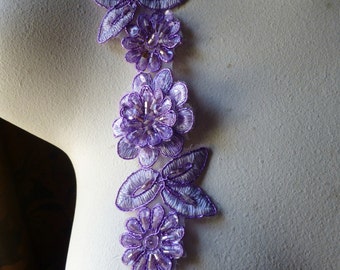 12" LILAC Beaded Applique Trim 12"  for Lyrical Dance, Costume or Jewelry Design, Crafts TR 249  lilac