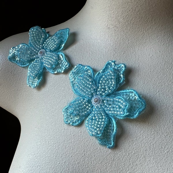 2 TURQUOISE 3D Appliques Beaded Flowers for Lyrical Dance, Garments,  Costume Design HC