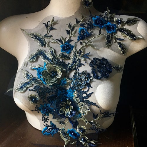 Midnight Blue, Teal & Gold 3D Applique , Beaded and Embroidered for Lyrical Dance, Ballet, Couture Gowns F15