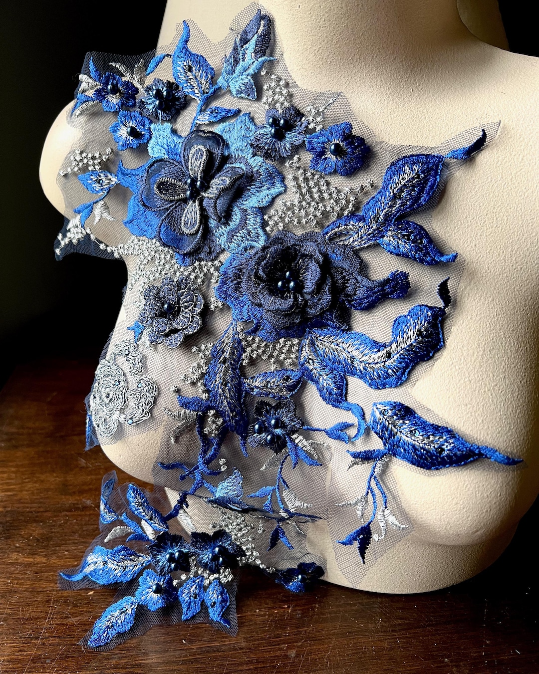 Sapphire Navy Blue Floral Applique: Silvery Gold Embroidered 3D Lace ...