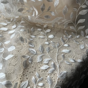 LIGHT IVORY Leaf Vine Lace Embroidered Net for Bridal, Veils, Capes, Garments 1 Shiny image 3