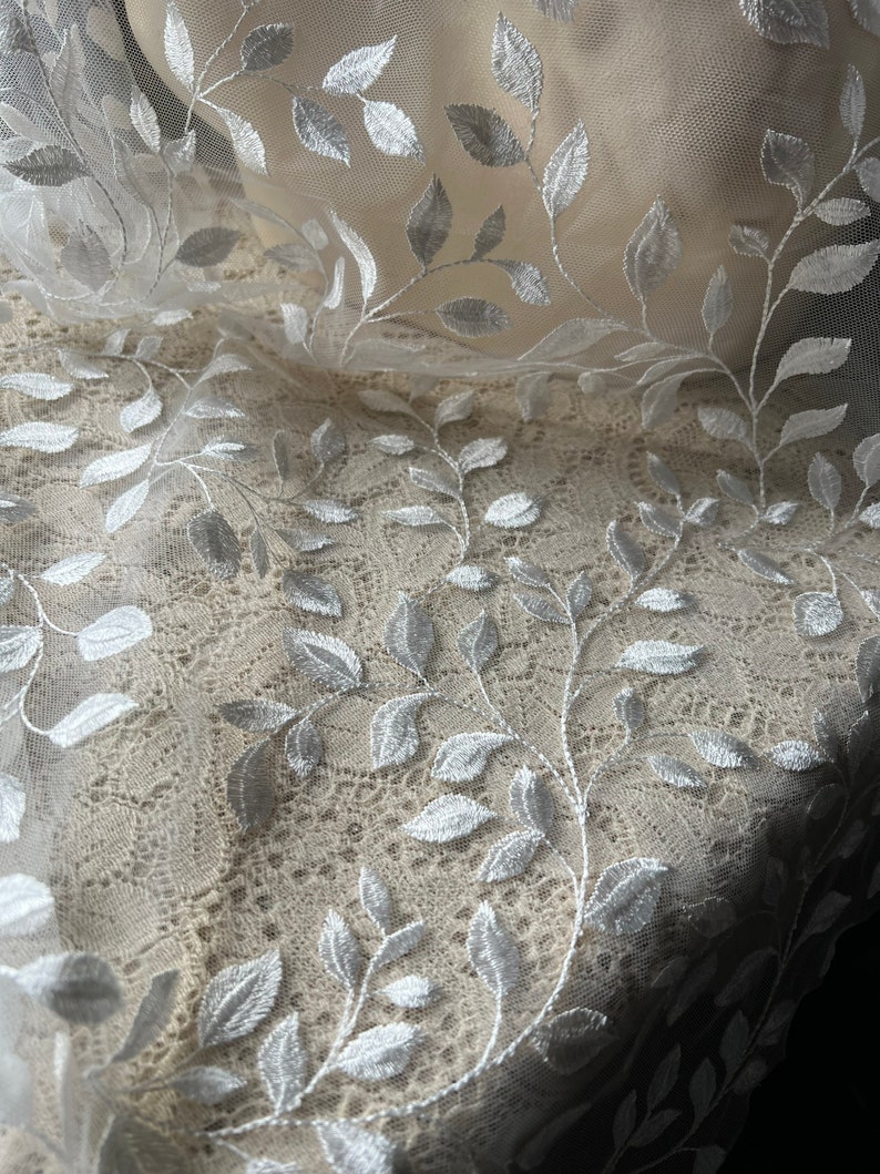 LIGHT IVORY Leaf Vine Lace Embroidered Net for Bridal, Veils, Capes, Garments 1 Shiny image 3