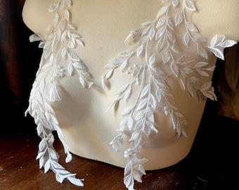 Ivory Applique Pair LEAVES Vine DYEABLE for Lyrical Dance, Ballet, Bridal, Straps, Veils,  Illusion Gowns PR 412