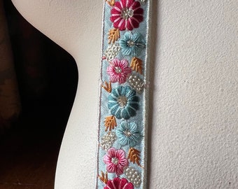 AQUA & PINK Silk Sari Trim Embroidered for Garments, Costume Design, Crafts, Junk Journals TR 371