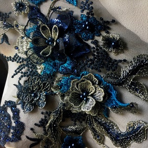 Midnight Blue, Teal & Gold 3D Applique , Beaded and Embroidered for ...