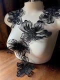 Black Lace Flower Applique: Embroidered Rayon Milk Silk on Nylon Tulle BLA 385-2