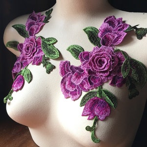 2 Magenta Rose 3D Lace Appliques: Floral Garment Embellishments