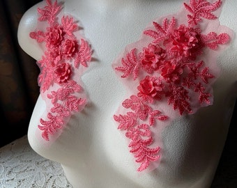 CORAL 3d Lace Applique PAIR for Lyrical or Ballet Costumes, Garments, Bridal F100